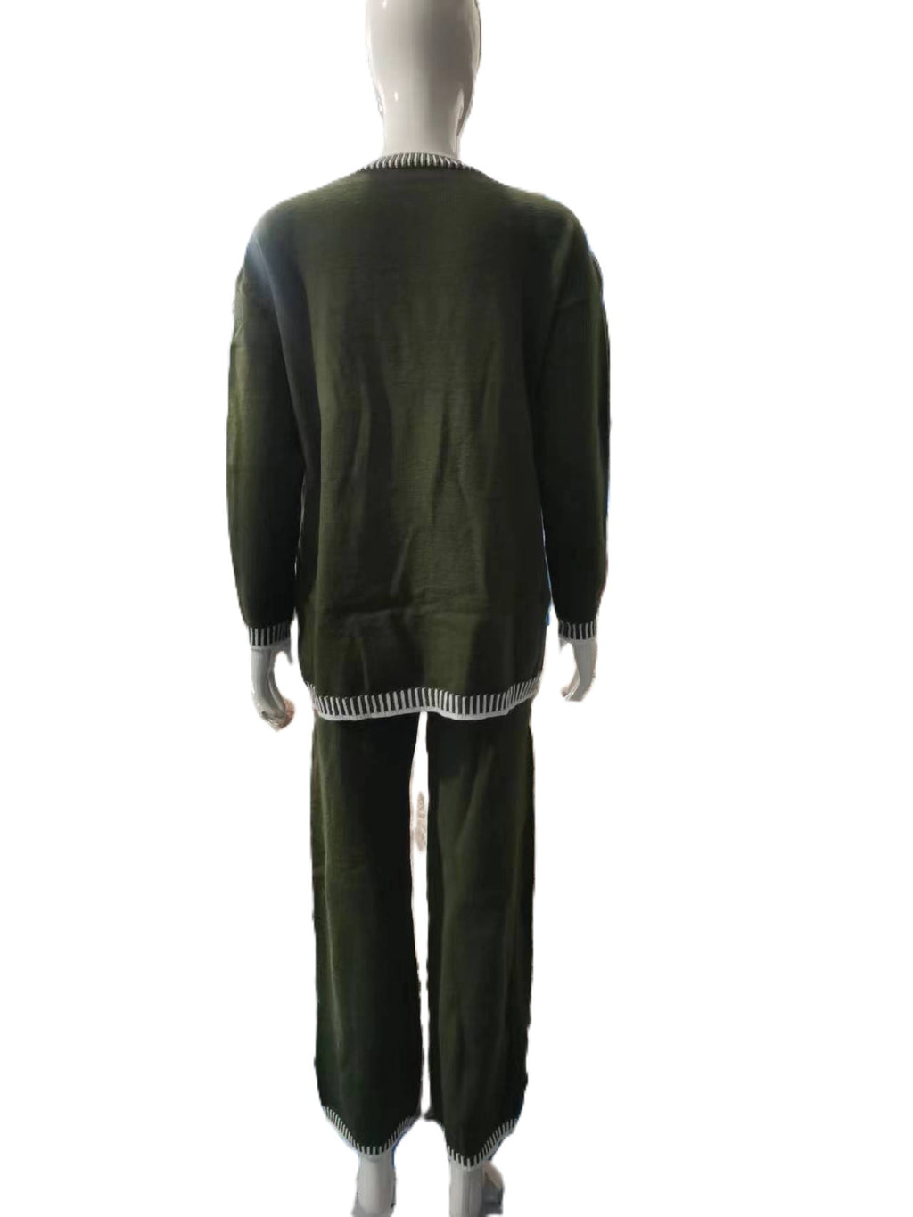 Contrast Trim Cardigan And Pants Set - Green - 1