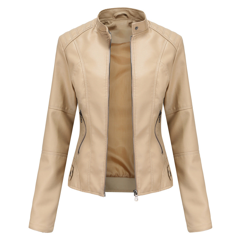 Stand Collar Zip Front Faux Leather Jacket - Beige