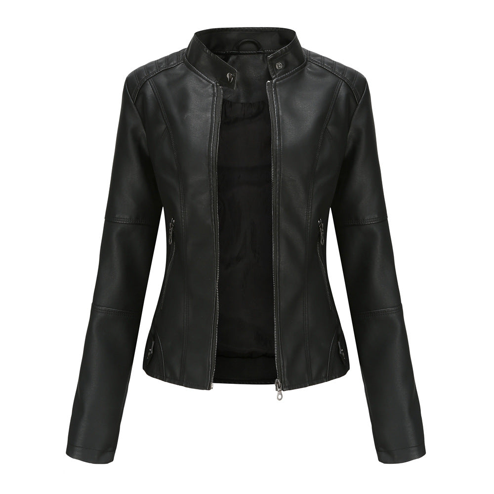 Stand Collar Zip Front Faux Leather Jacket - Black - 1