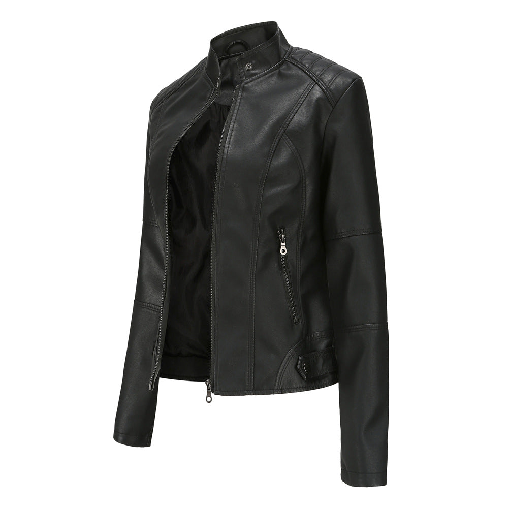 Stand Collar Zip Front Faux Leather Jacket - Black - 2