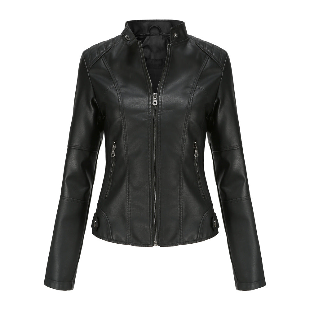 Stand Collar Zip Front Faux Leather Jacket - Black - 6