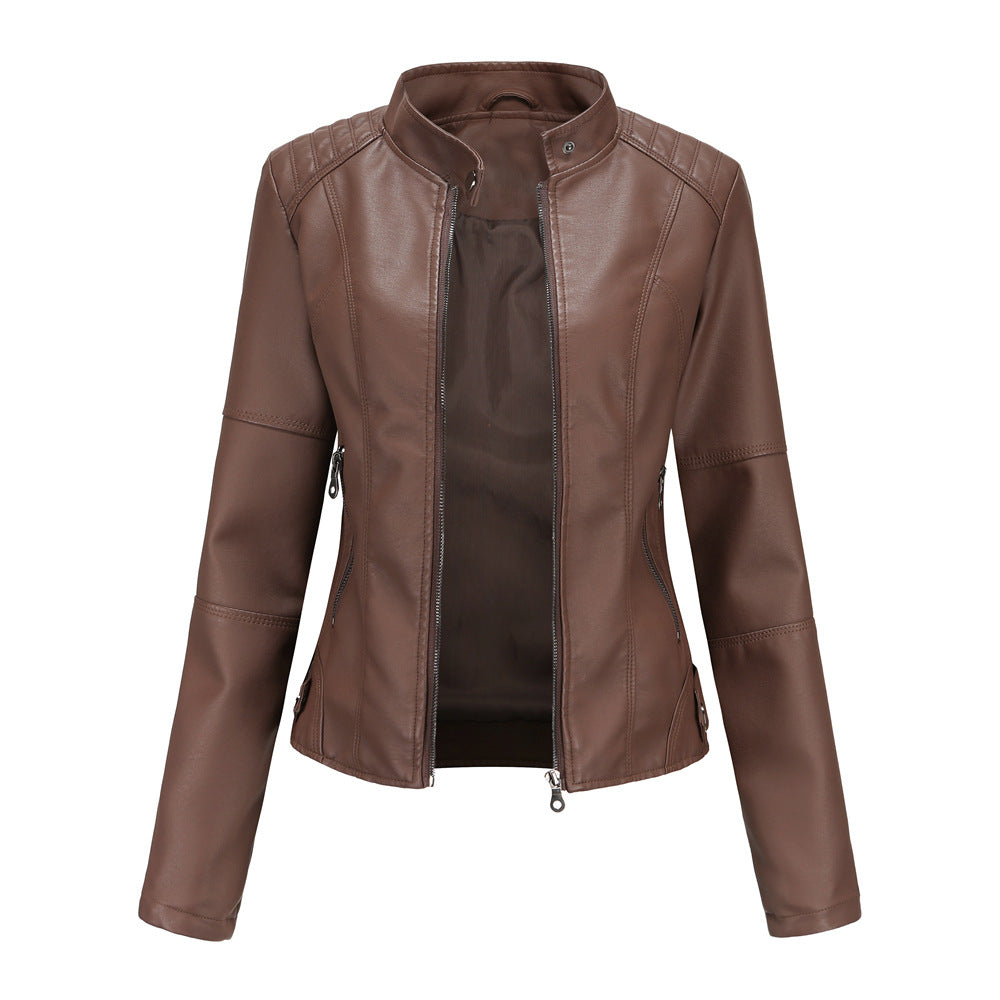 Stand Collar Zip Front Faux Leather Jacket - Brown