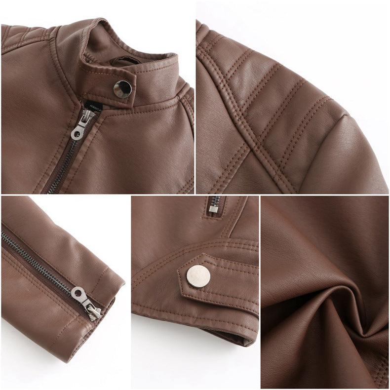 Stand Collar Zip Front Faux Leather Jacket - Brown - 1