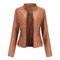Stand Collar Zip Front Faux Leather Jacket - Camel