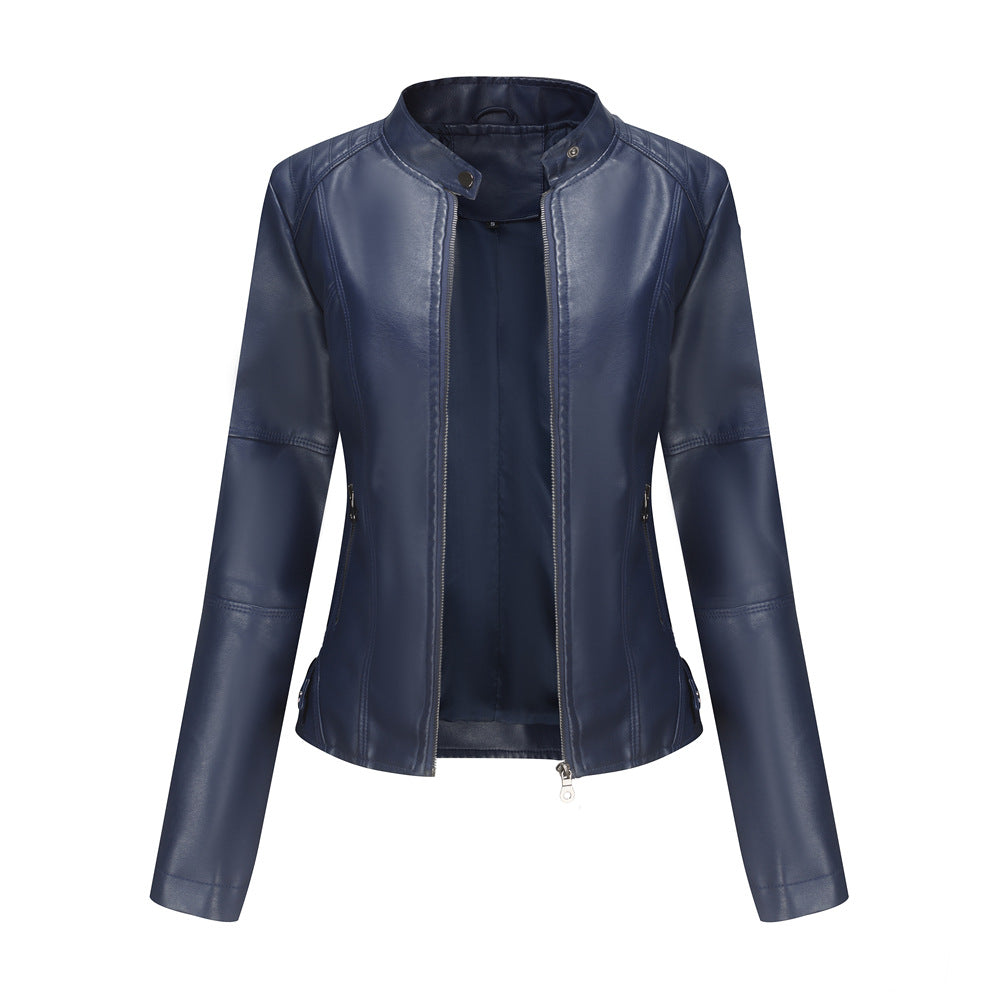Stand Collar Zip Front Faux Leather Jacket - Navy