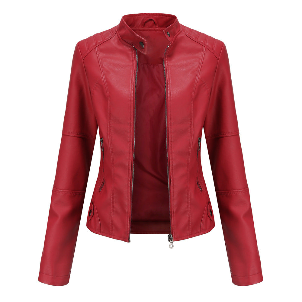 Stand Collar Zip Front Faux Leather Jacket - Red