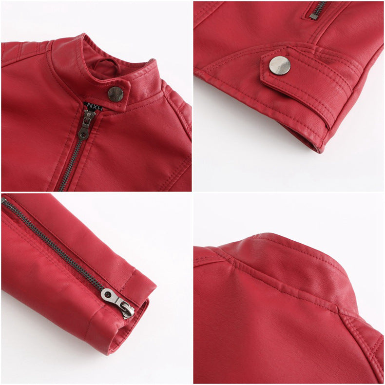 Stand Collar Zip Front Faux Leather Jacket - Red - 1