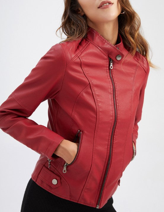 Stand Collar Zip Front Faux Leather Jacket - Red - 2