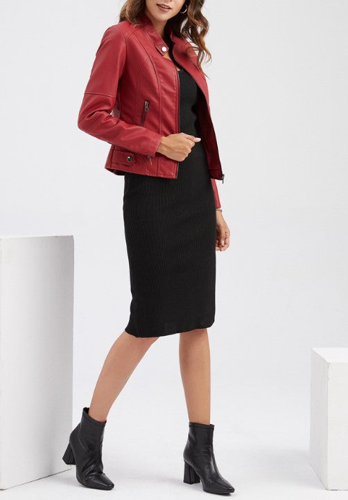 Stand Collar Zip Front Faux Leather Jacket - Red - 3