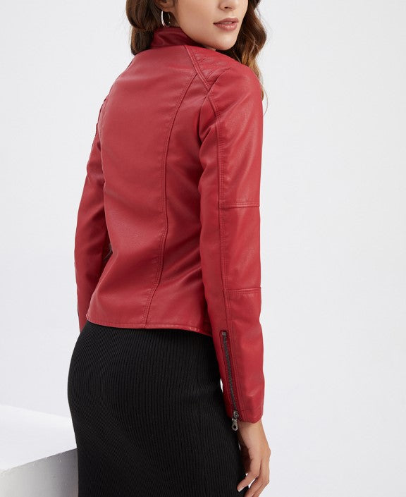 Stand Collar Zip Front Faux Leather Jacket - Red - 7