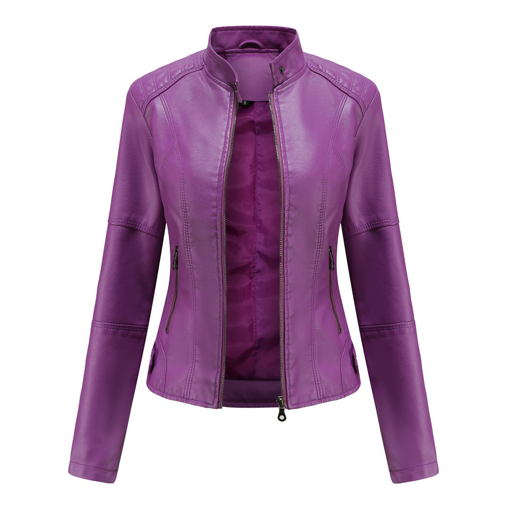 Stand Collar Zip Front Faux Leather Jacket - Violet