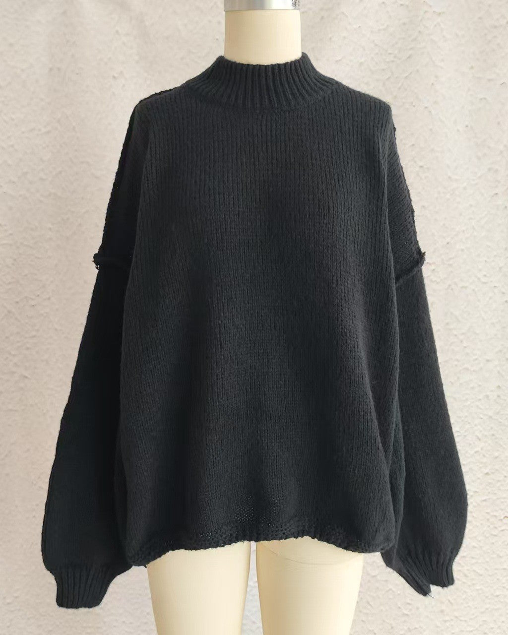 Oversized Mock Neck Balloon Sleeve Sweater - Black