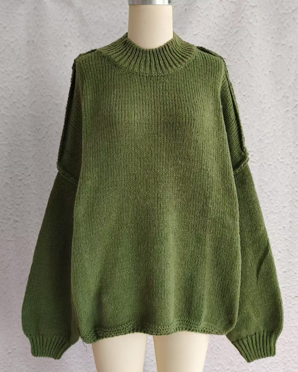 Oversized Mock Neck Balloon Sleeve Sweater - Green