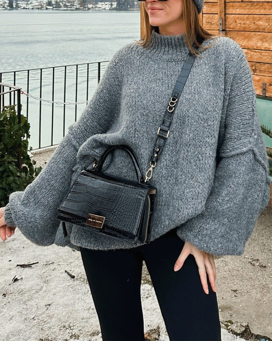 Oversized Mock Neck Balloon Sleeve Sweater - Grey
