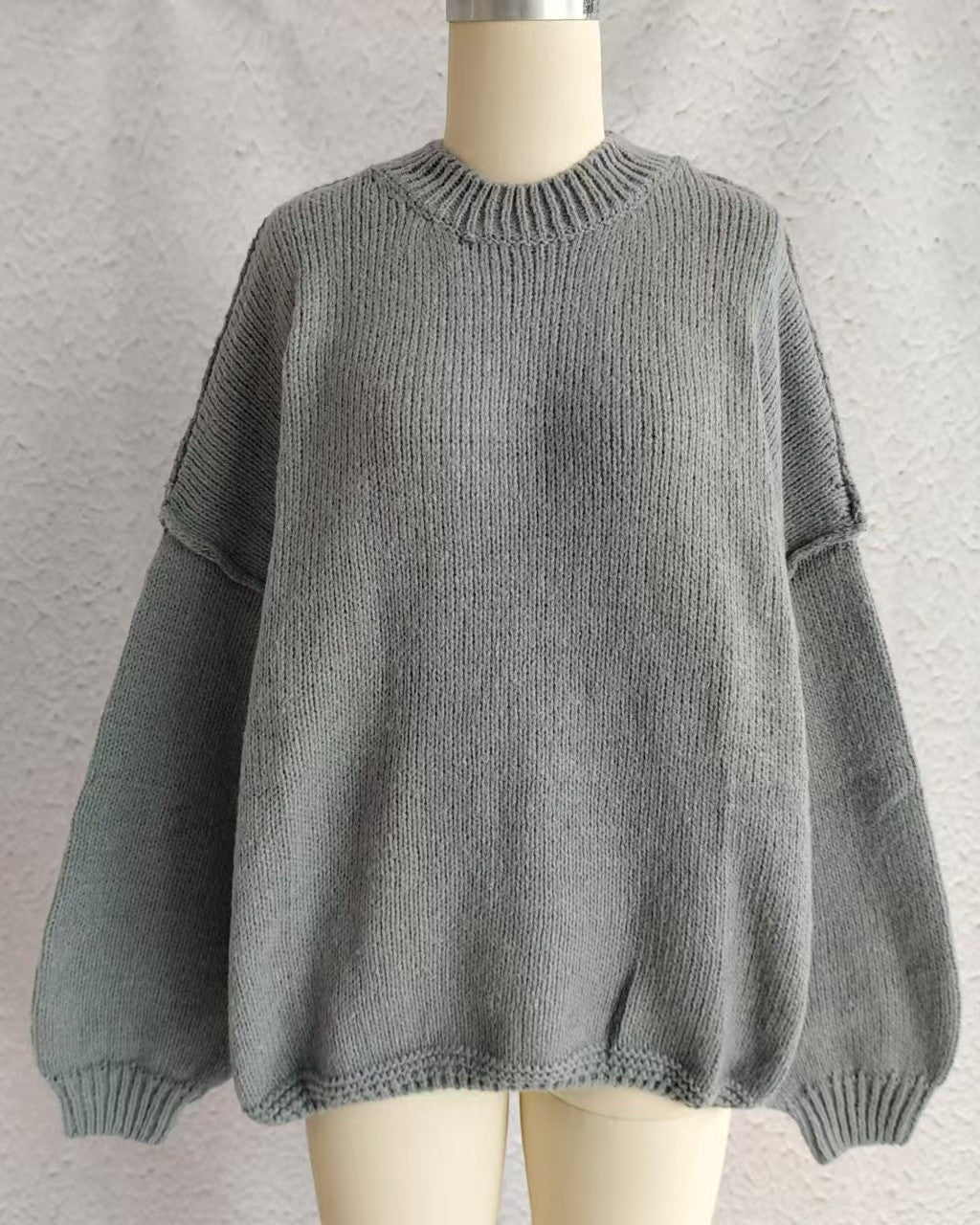 Oversized Mock Neck Balloon Sleeve Sweater - Grey - 1