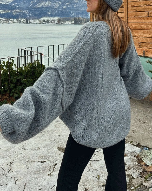 Oversized Mock Neck Balloon Sleeve Sweater - Grey - 2