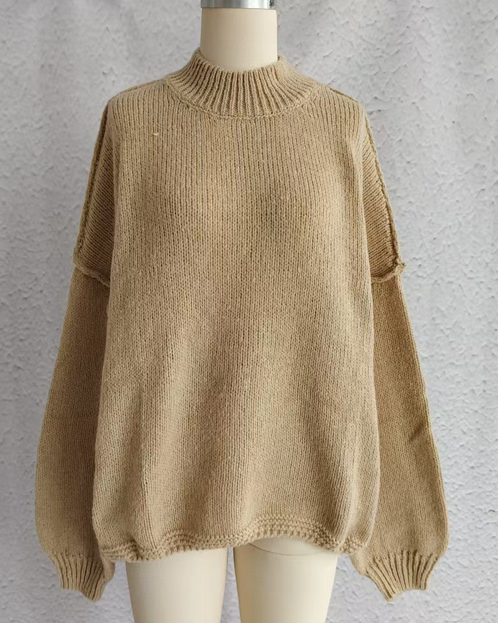 Oversized Mock Neck Balloon Sleeve Sweater - Khaki