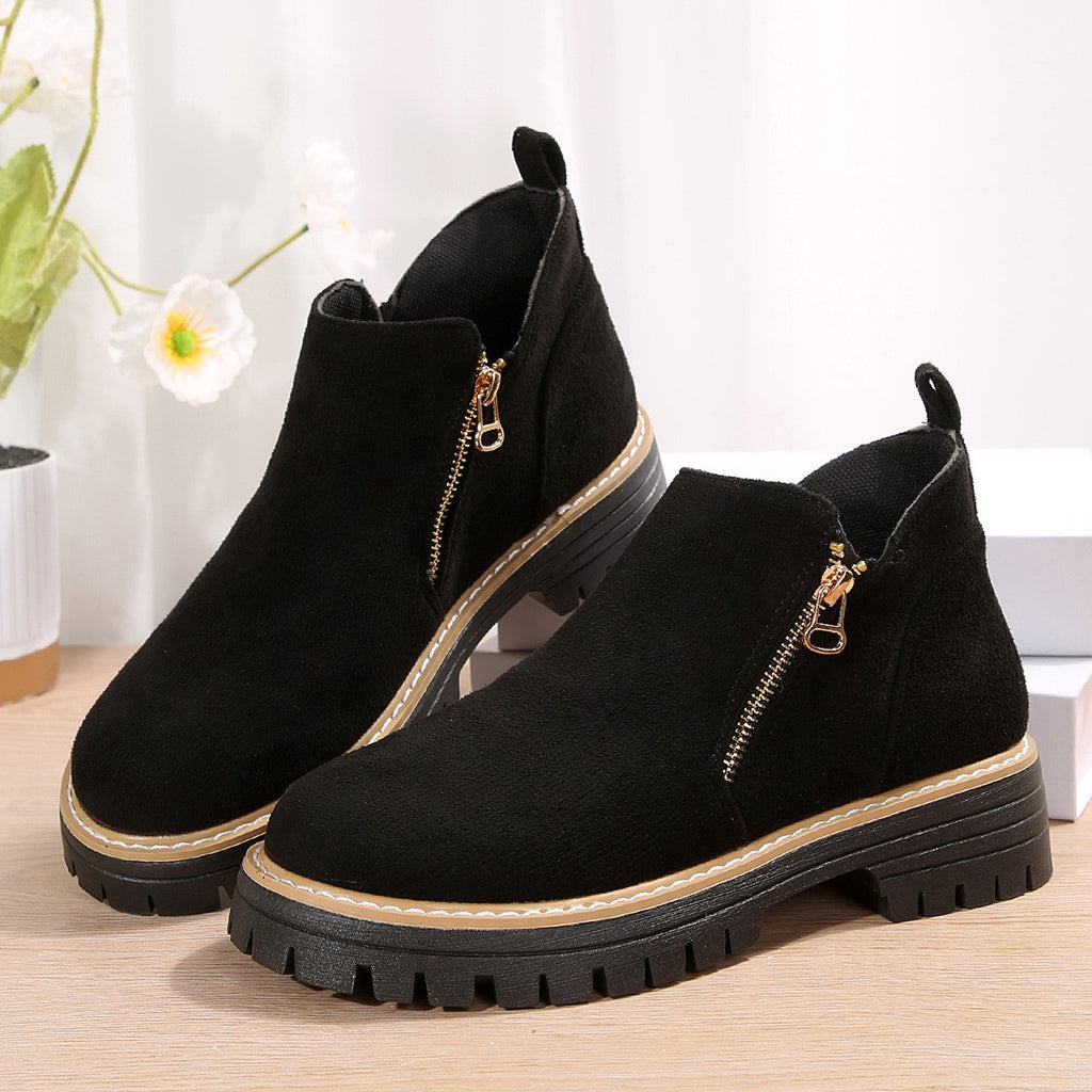 Faux Suede Side Zip Lug Sole Ankle Boots - Black