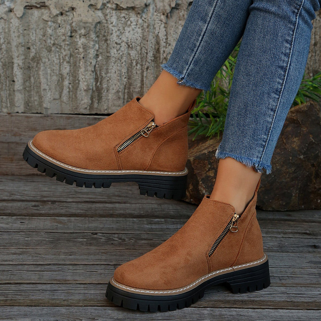 Faux Suede Side Zip Lug Sole Ankle Boots - Brown