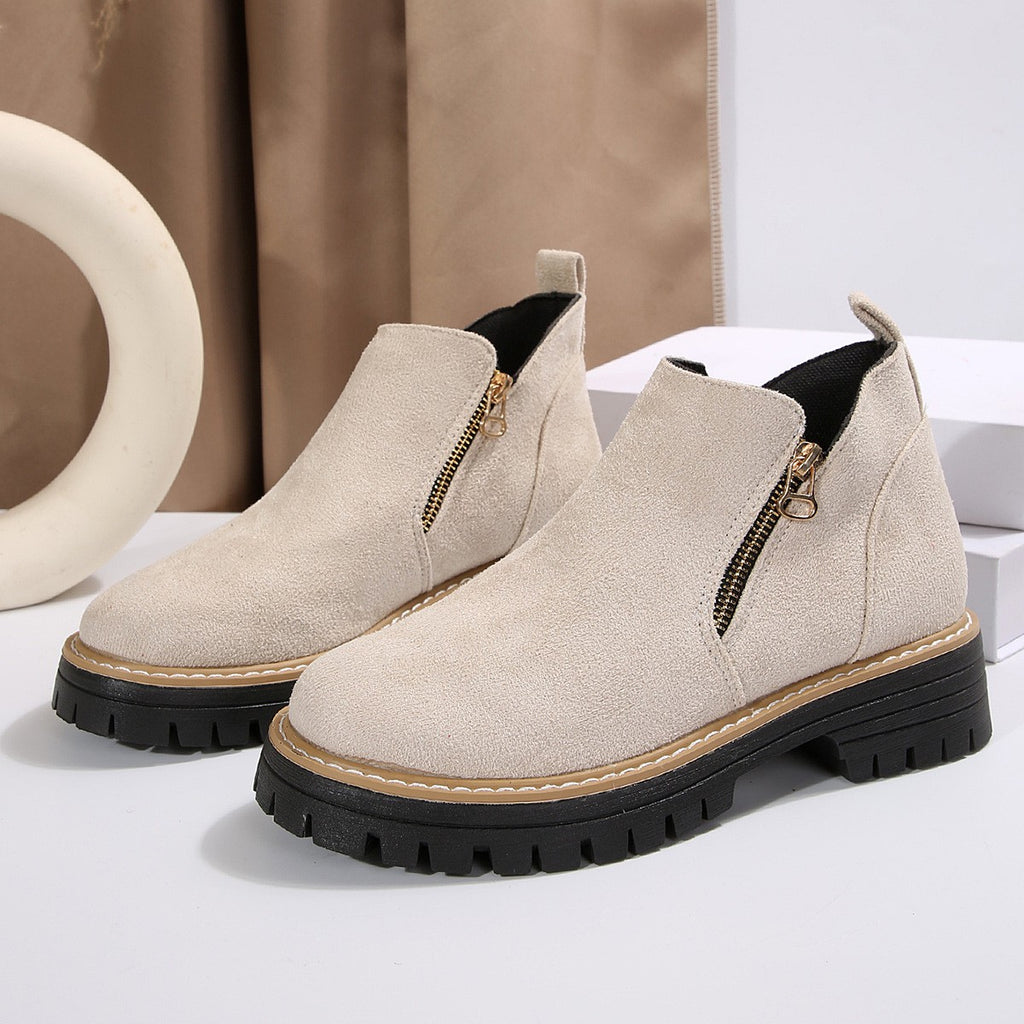 Faux Suede Side Zip Lug Sole Ankle Boots - Cream
