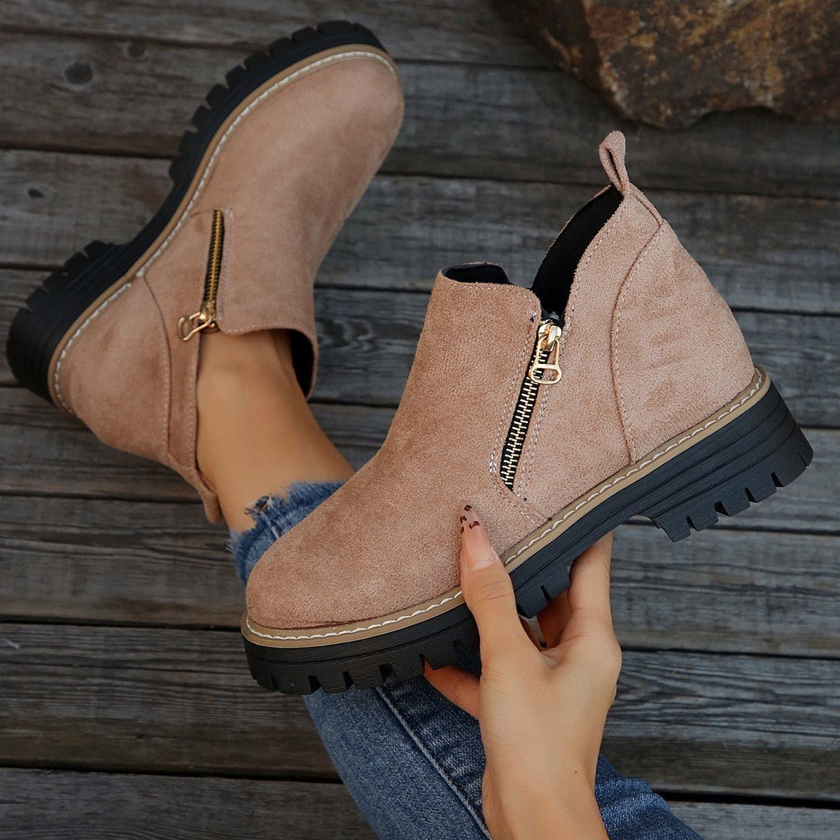 Faux Suede Side Zip Lug Sole Ankle Boots