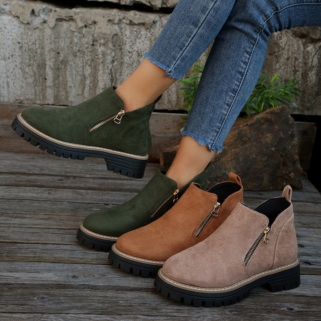 Faux Suede Side Zip Lug Sole Ankle Boots