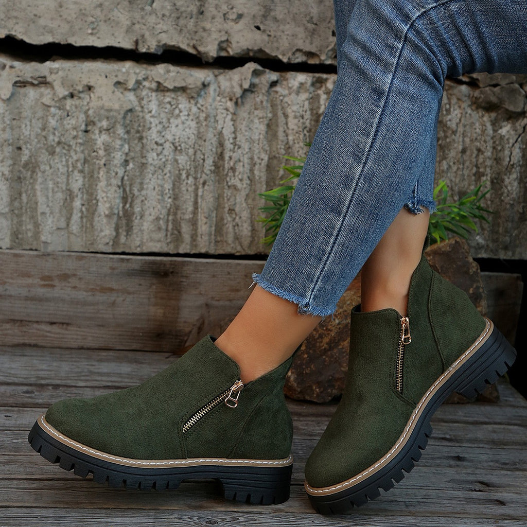 Faux Suede Side Zip Lug Sole Ankle Boots