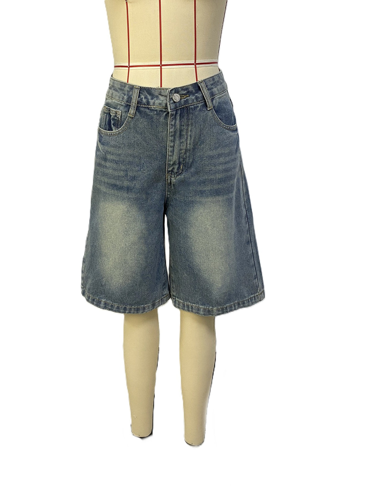 Vintage Wash Wide Leg Bermuda Denim Shorts - Blue