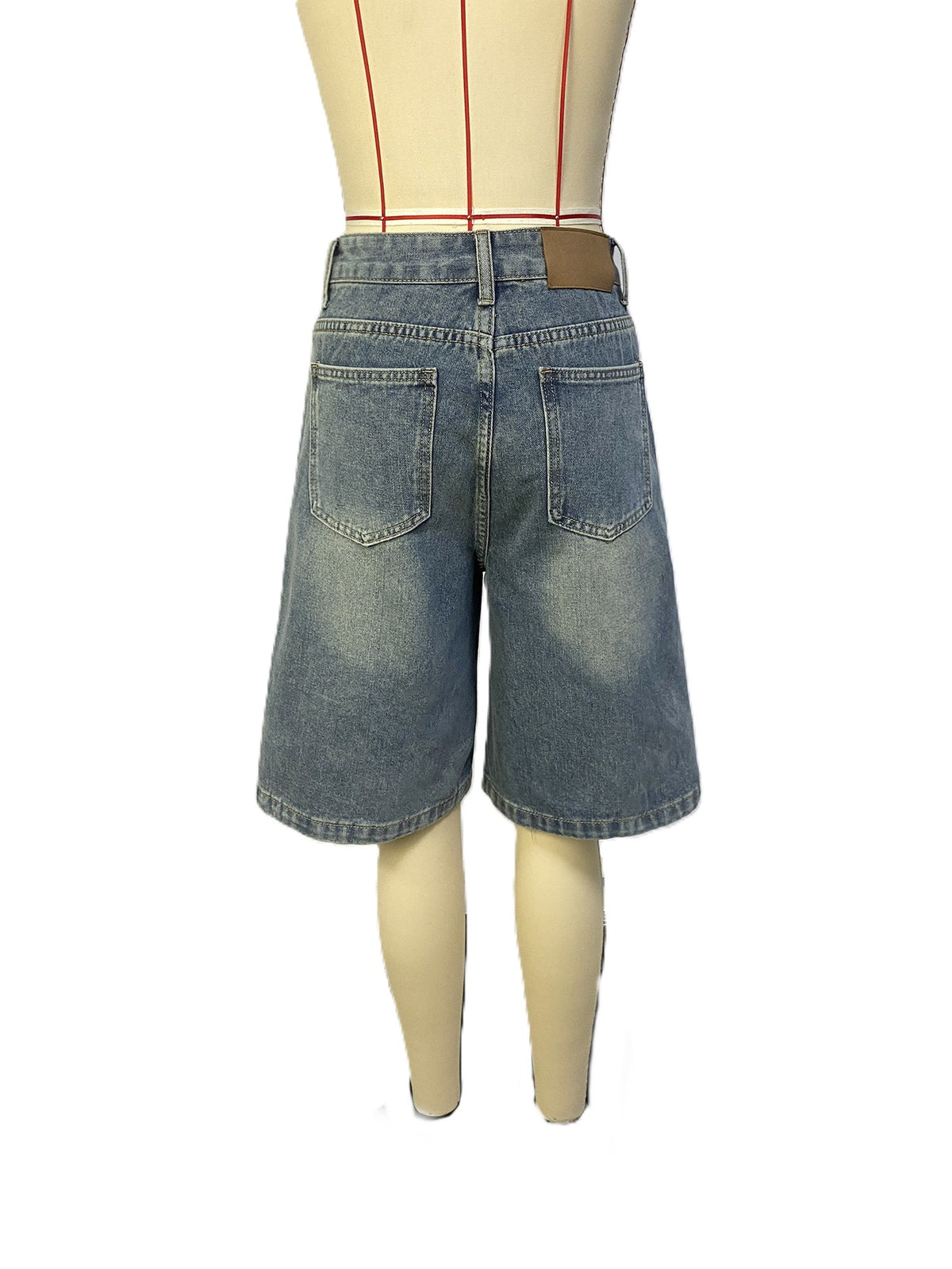 Vintage Wash Wide Leg Bermuda Denim Shorts - Blue - 1
