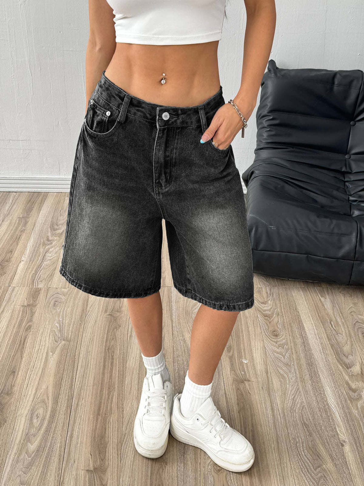 Vintage Wash Wide Leg Bermuda Denim Shorts