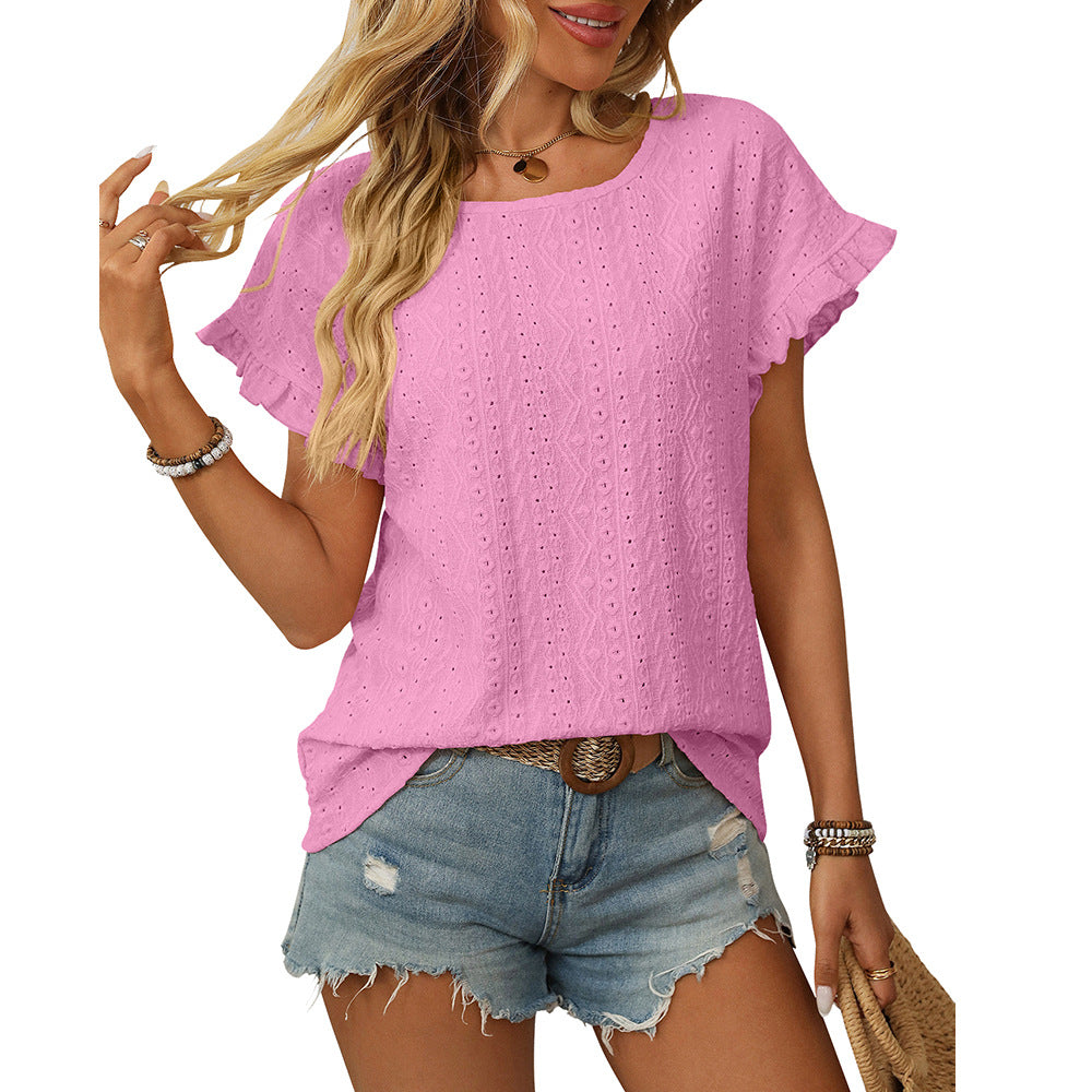 Flutter Sleeve Textured Boxy Tee - Rose