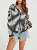 Fine Stripe Hooded Zip Front Cardigan - Black