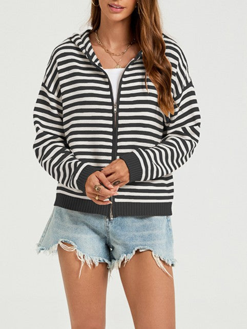 Fine Stripe Hooded Zip Front Cardigan - Black - 1