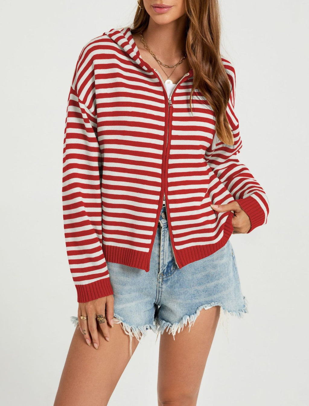 Fine Stripe Hooded Zip Front Cardigan - Red