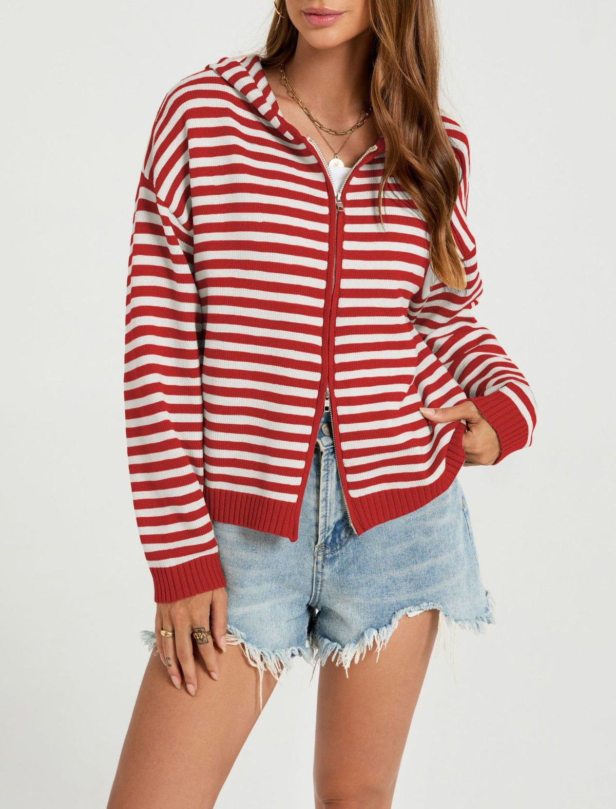 Fine Stripe Hooded Zip Front Cardigan - Red
