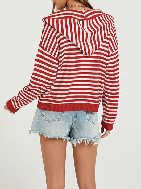 Fine Stripe Hooded Zip Front Cardigan - Red - 1