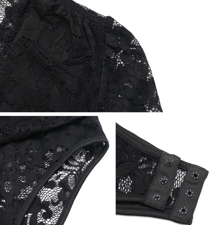 Ruched Lace Surplice Wrap Bodysuit - Black - 4