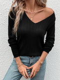 Ribbed V-Neck Long Sleeve Knit Top - Black
