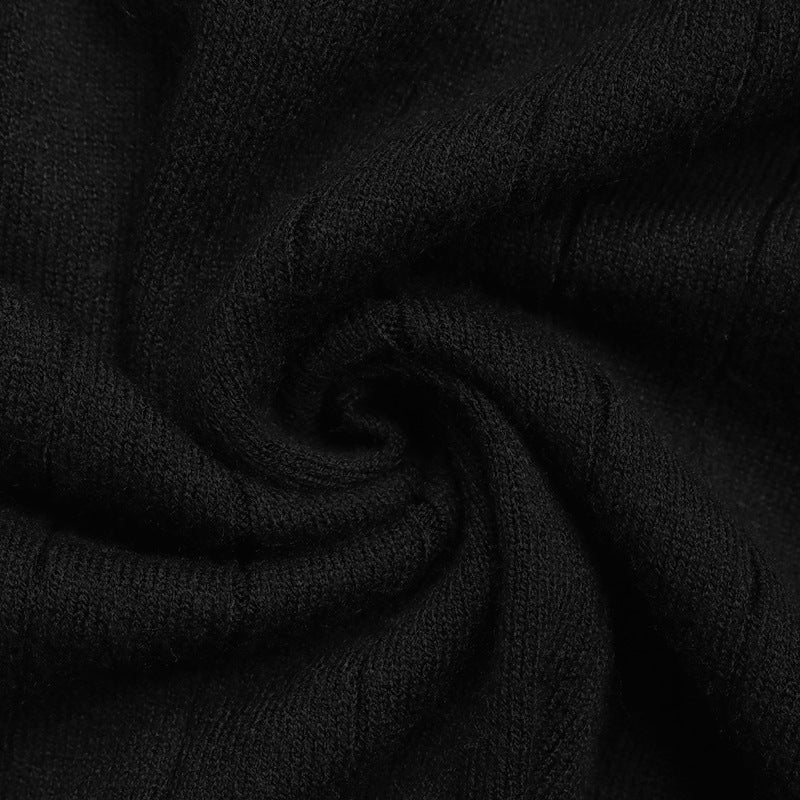 Ribbed V-Neck Long Sleeve Knit Top - Black - 2
