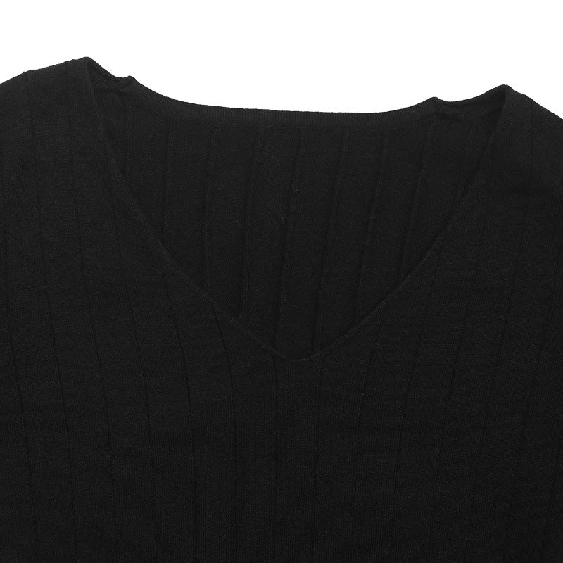 Ribbed V-Neck Long Sleeve Knit Top - Black - 3