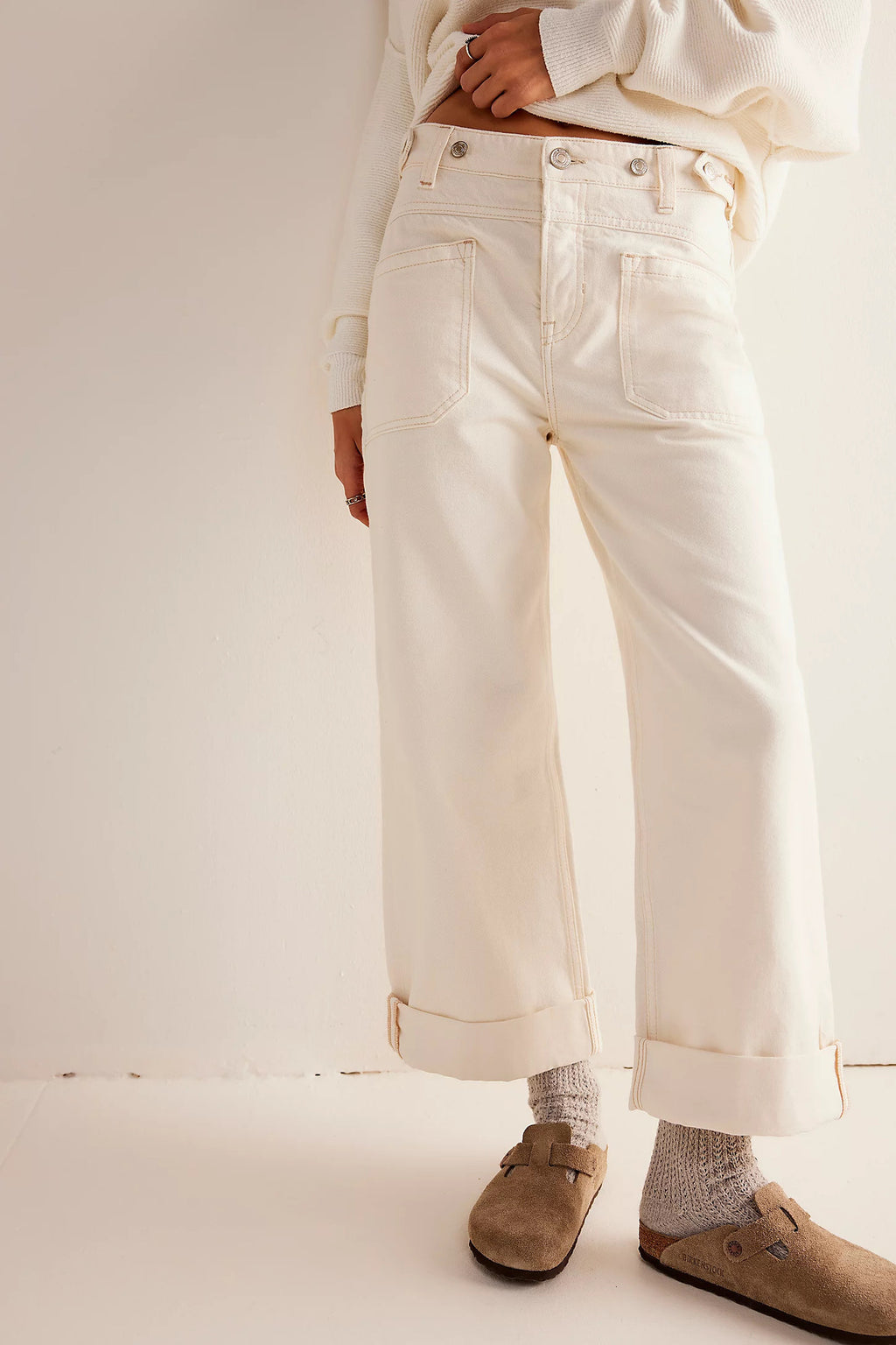 Relaxed Wide Leg Cuffed Hem Jeans - white - 1