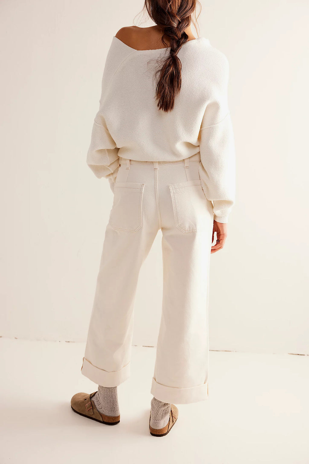 Relaxed Wide Leg Cuffed Hem Jeans - white - 2