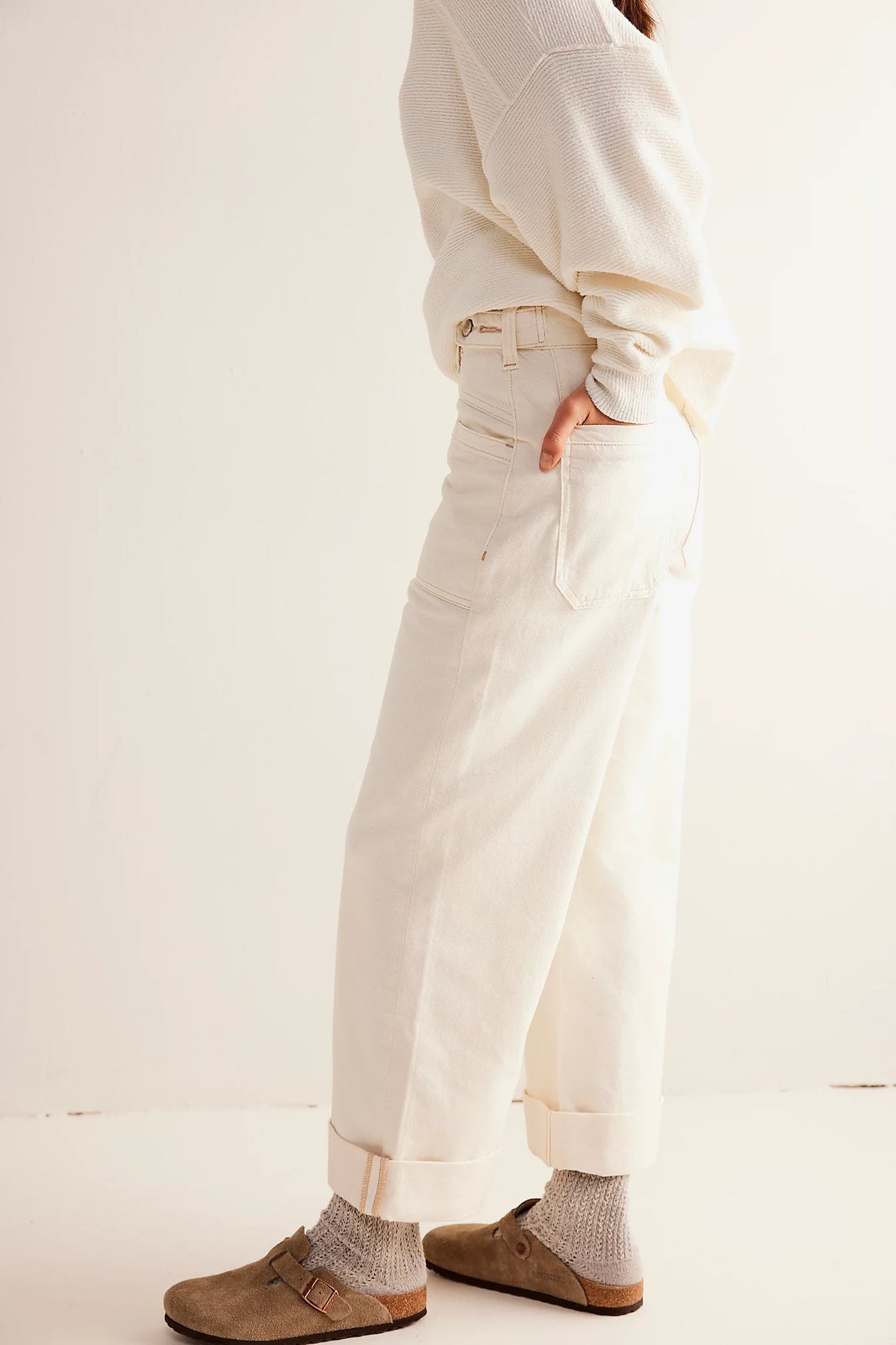 Relaxed Wide Leg Cuffed Hem Jeans - white - 3