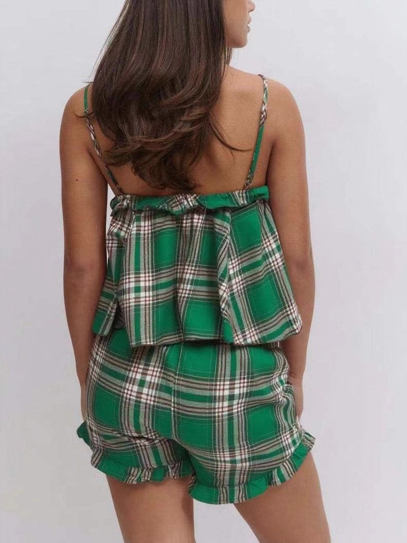 Plaid Ruffle Cami And Shorts Pyjama Set - Green - 1