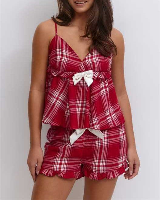 Plaid Ruffle Cami And Shorts Pyjama Set - Red