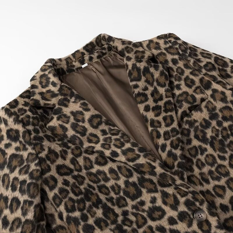 Brushed Leopard Print Notch Lapel Blazer - Brown - 1