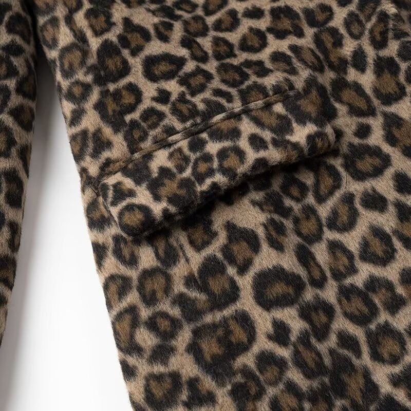 Brushed Leopard Print Notch Lapel Blazer - Brown - 3