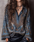 Paisley Print Balloon Sleeve Vintage Blouse - Blue