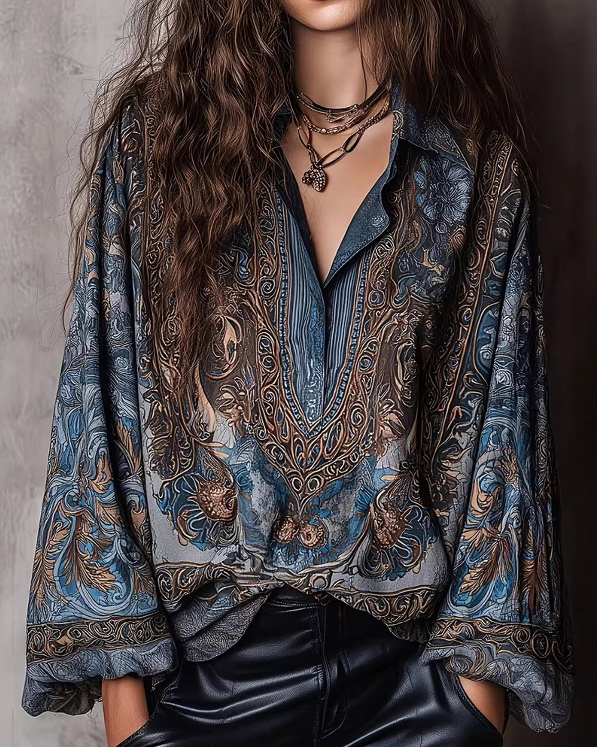 Paisley Print Balloon Sleeve Vintage Blouse - Blue