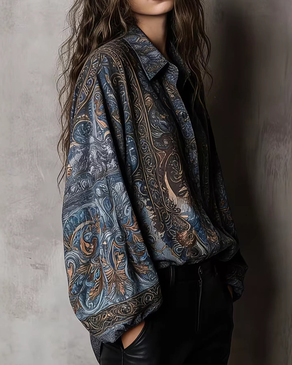 Paisley Print Balloon Sleeve Vintage Blouse - Blue - 1
